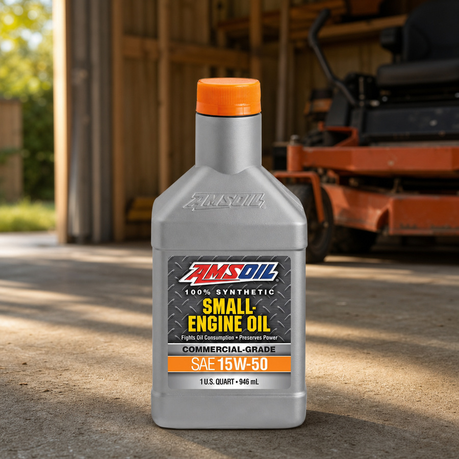 AMSOIL 15W-50 100% Synthetic Small Engine Oil staged in an outdoor power equipment shop