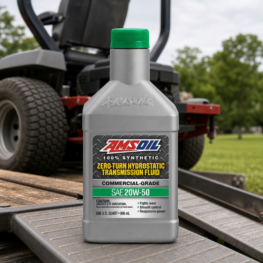 AMSOIL 20W-50 100% Synthetic Hydrostatic Transmission Fluid staged in a transmission service bay