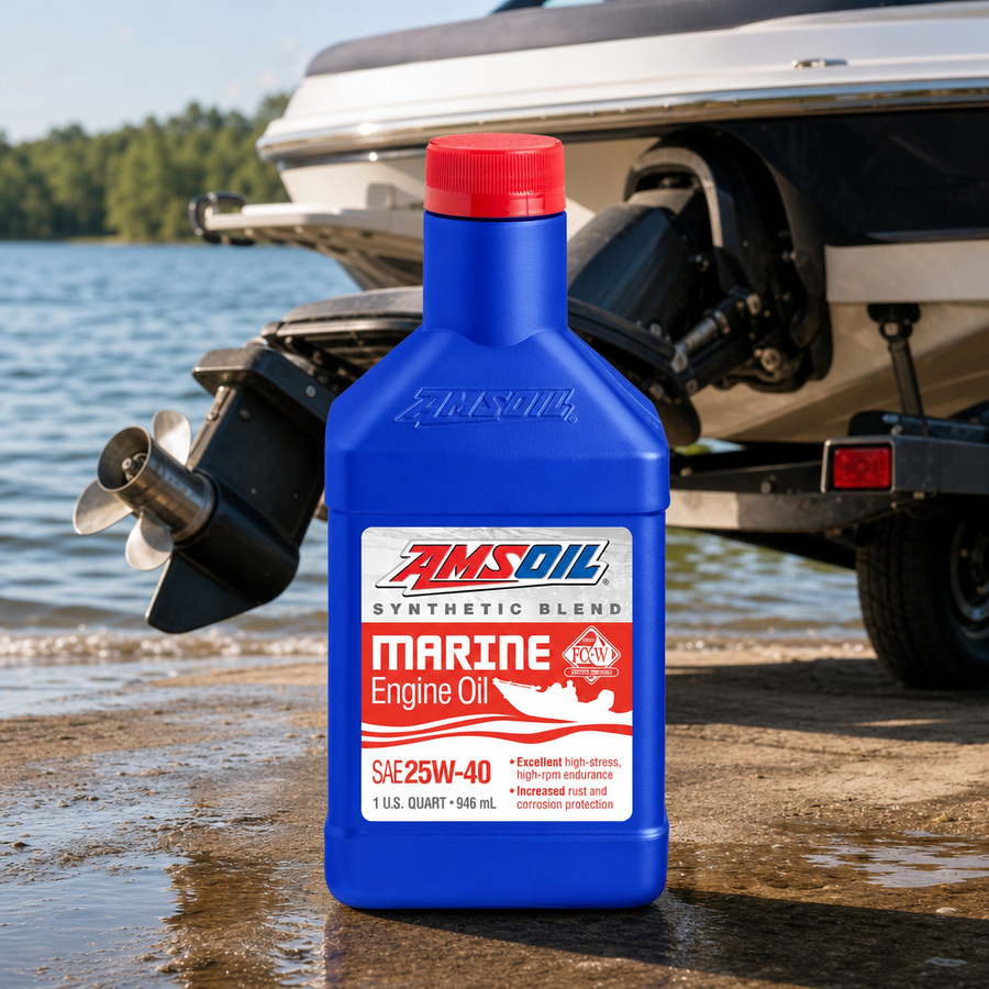 AMSOIL 25W-40 Synthetic-Blend Marine Engine Oil staged in a marine and boat service setting
