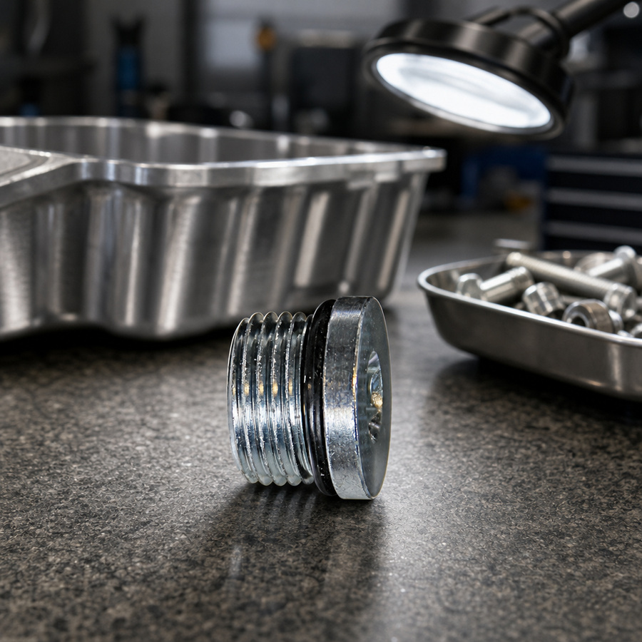 3/4" -16 Allen Head Plug+O Ring staged in a fluid service parts bench