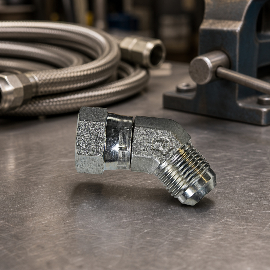 45 Degree Fitting 7/8-14x5/8 staged in a fluid service parts bench