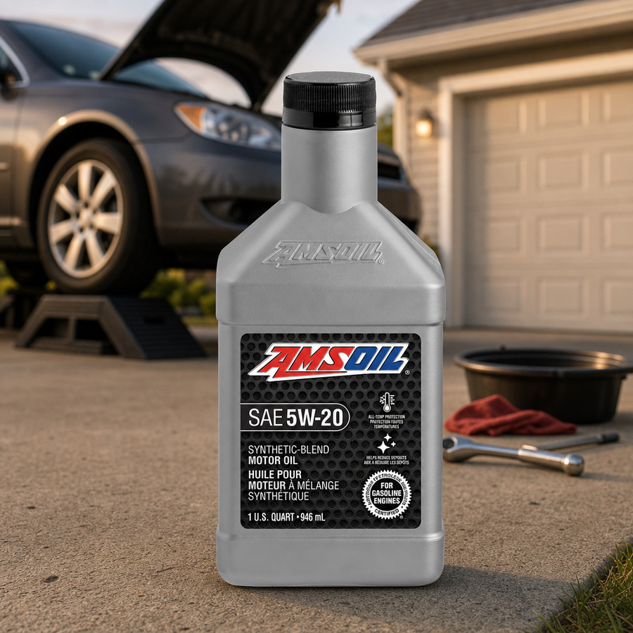 AMSOIL 5W-20 Synthetic-Blend Motor Oil staged in an automotive service garage