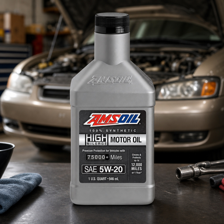 AMSOIL 5W-20 100% Synthetic High-Mileage Motor Oil staged in an automotive service garage