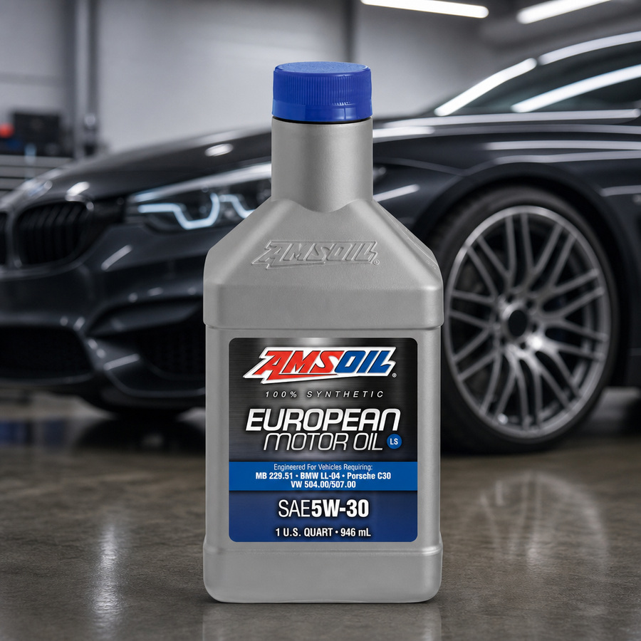 AMSOIL 5W-30 LS 100% Synthetic European Motor Oil staged in a European car service bay