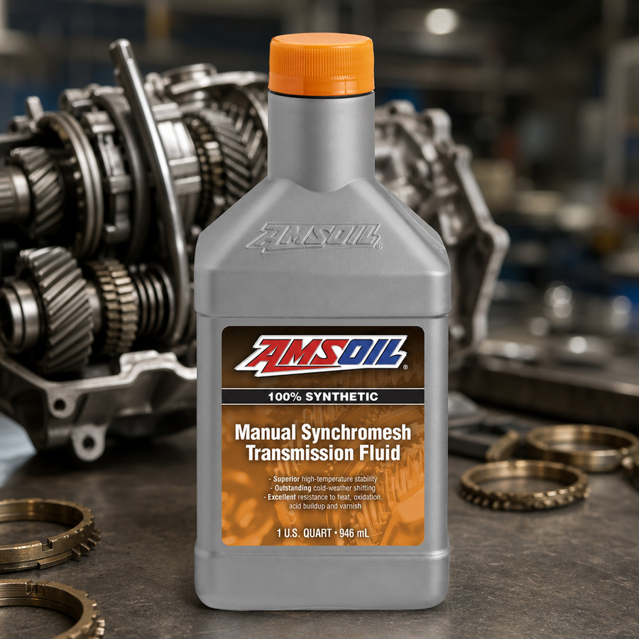 AMSOIL 5W-30 Manual Synchromesh Transmission Fluid staged in a transmission service bay
