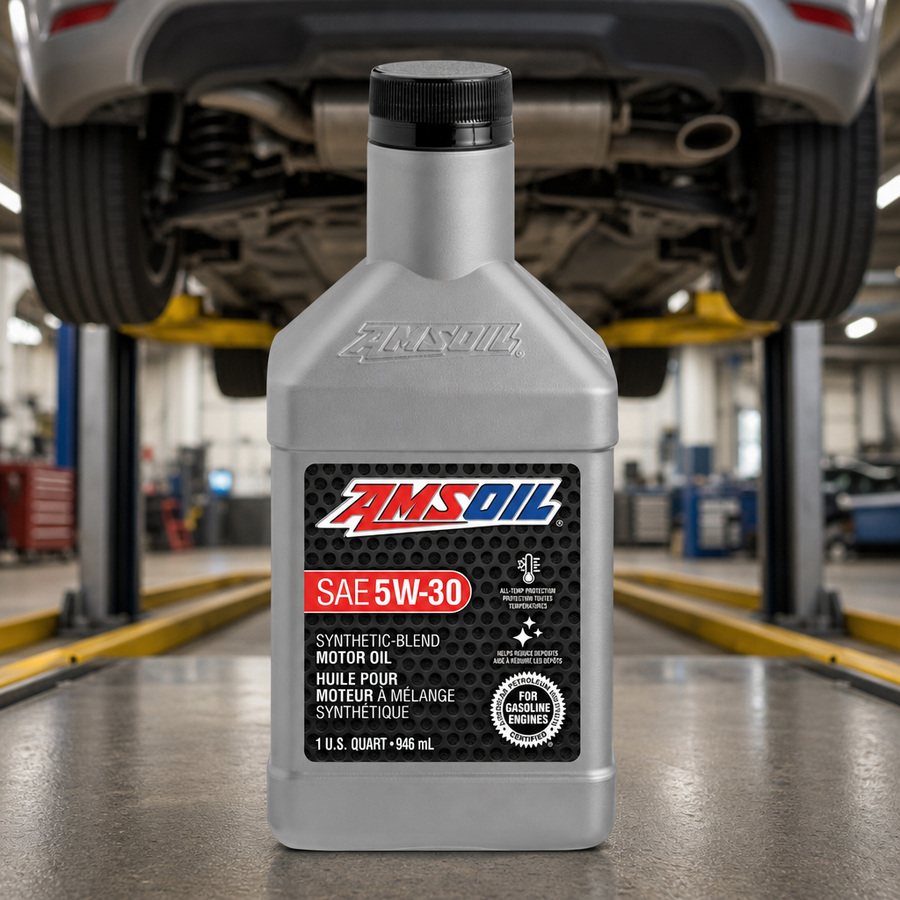 AMSOIL 5W-30 Synthetic-Blend Motor Oil staged in an automotive service garage