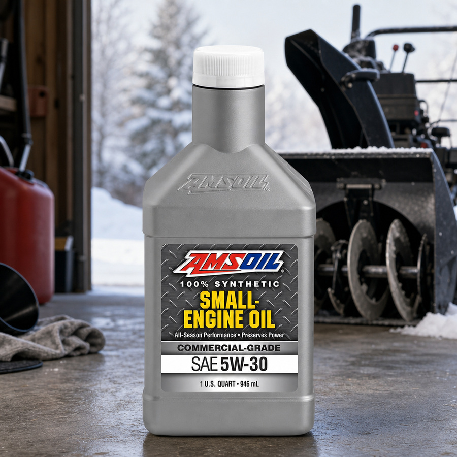 AMSOIL 5W-30 100% Synthetic Small-Engine Oil staged in an automotive workshop