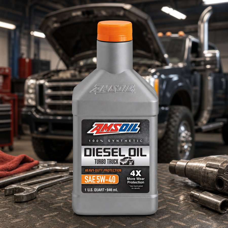 AMSOIL 5W-40 Heavy-Duty 100% Synthetic Diesel Oil staged in a diesel truck shop