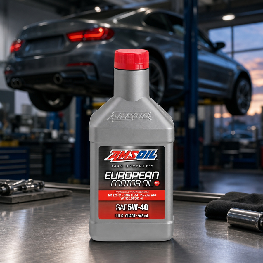 AMSOIL 5W-40 MS 100% Synthetic European Motor Oil staged in a European car service bay