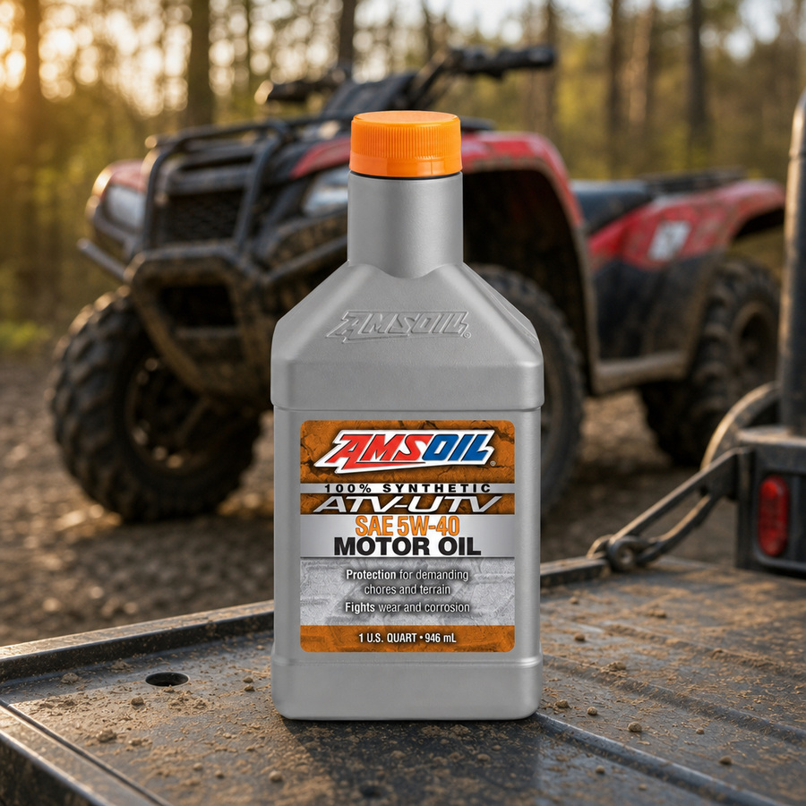 AMSOIL 5W-40 100% Synthetic ATV/UTV Motor Oil staged in a powersports service garage