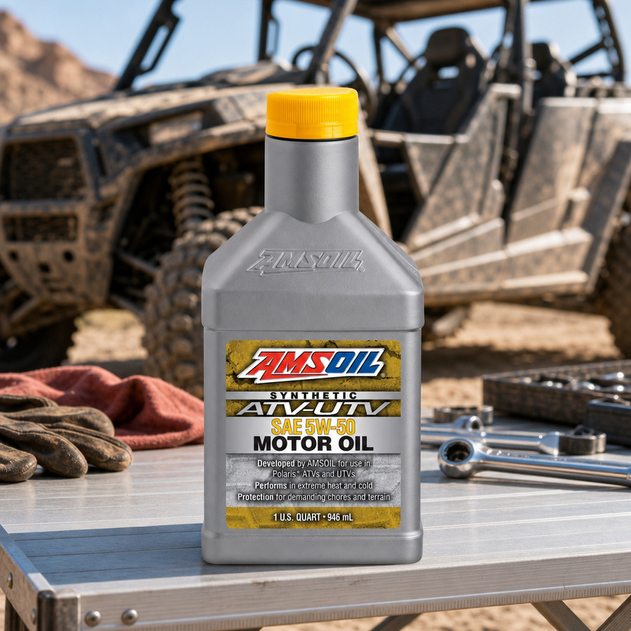 AMSOIL 5W-50 100% Synthetic ATV/UTV Motor Oil staged in a powersports service garage