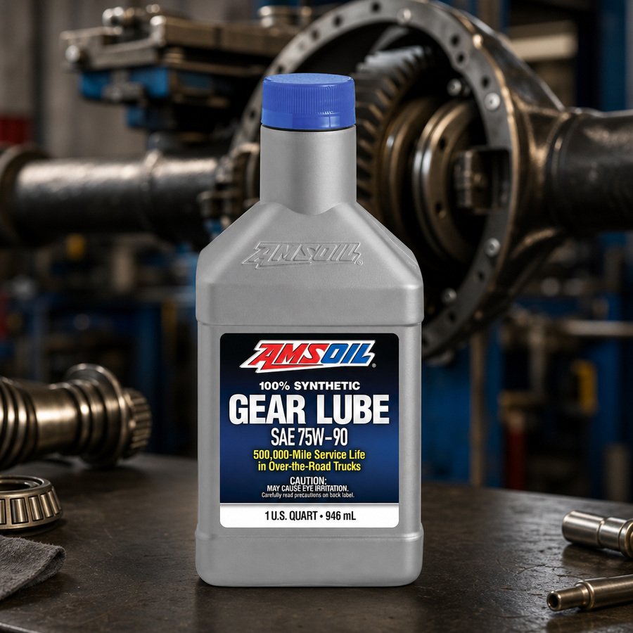 AMSOIL 75W-90 Long Life 100% Synthetic Gear Lube staged in a drivetrain and gear workshop