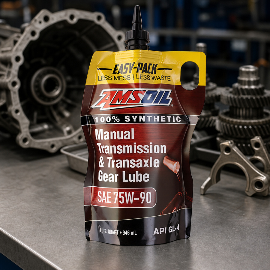 AMSOIL 75W-90 Manual Transmission & Transaxle Gear Lube staged in a drivetrain and gear workshop