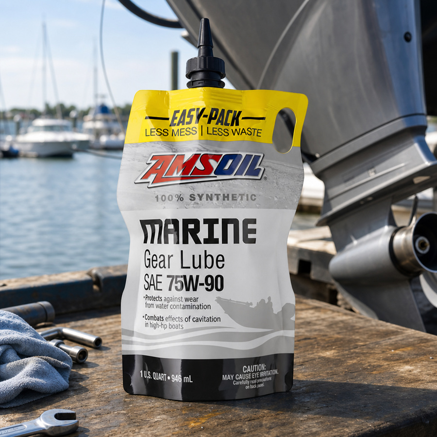 AMSOIL 75W-90 100% Synthetic Marine Gear Lube staged in a marine and boat service setting