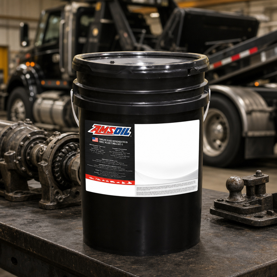 AMSOIL 80W-140 Long Life 100% Synthetic Gear Lube staged in a drivetrain and gear workshop