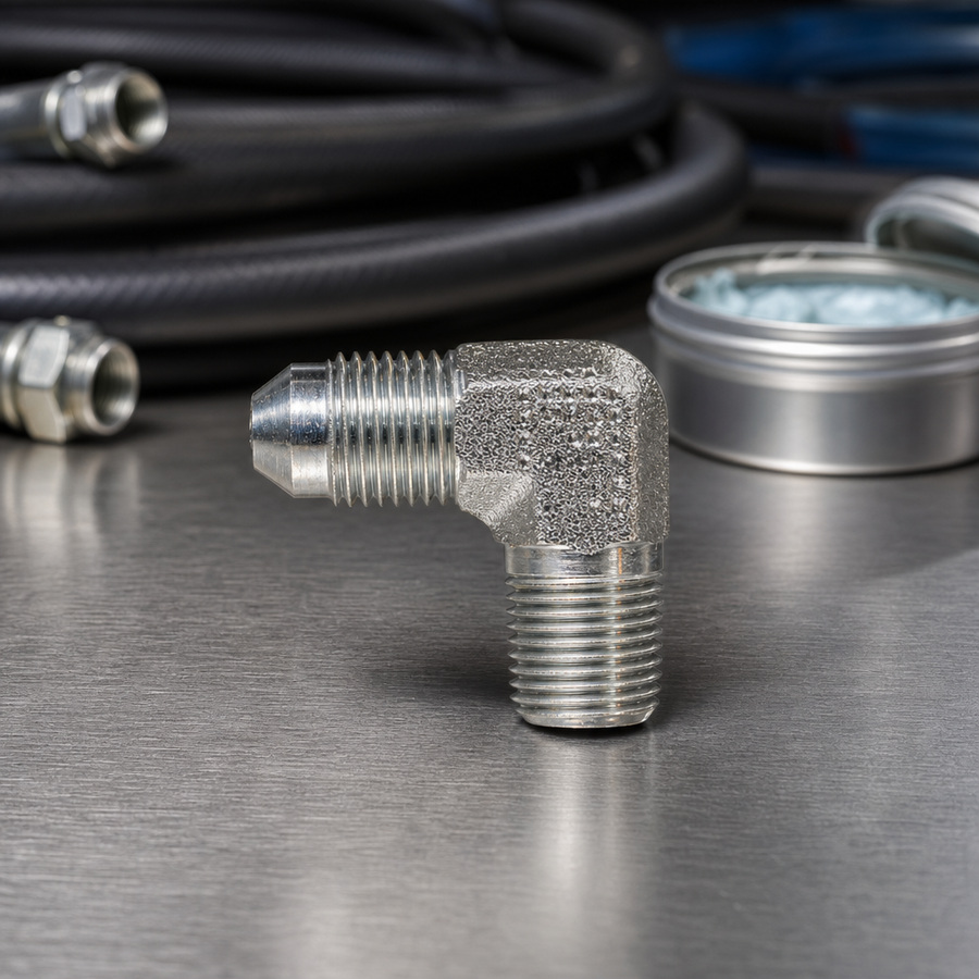 90 Deg elbow 1/8 NPT X1/4 JIC staged in a fluid service parts bench