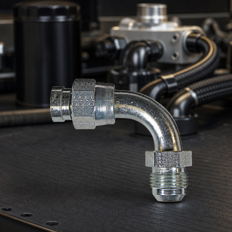 90 Degree Fitting 7/8-14x5/8 staged in a fluid service parts bench