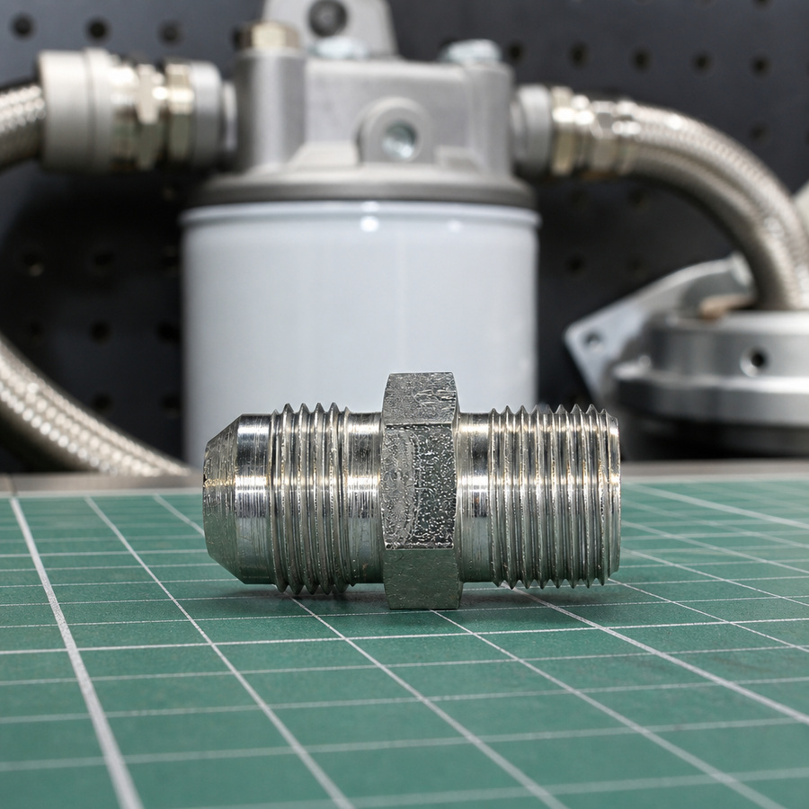 Adapter 3/8" MNPT to 3/4"-16 JIC staged in a fluid service parts bench