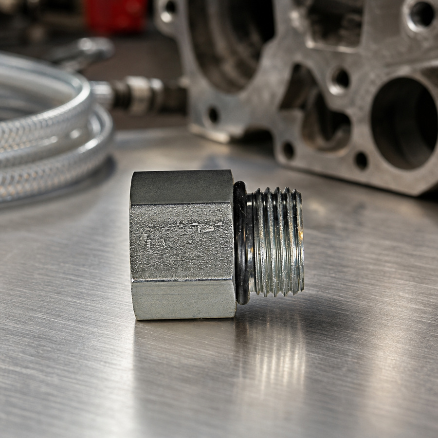 Adapter Fitting staged in a fluid service parts bench