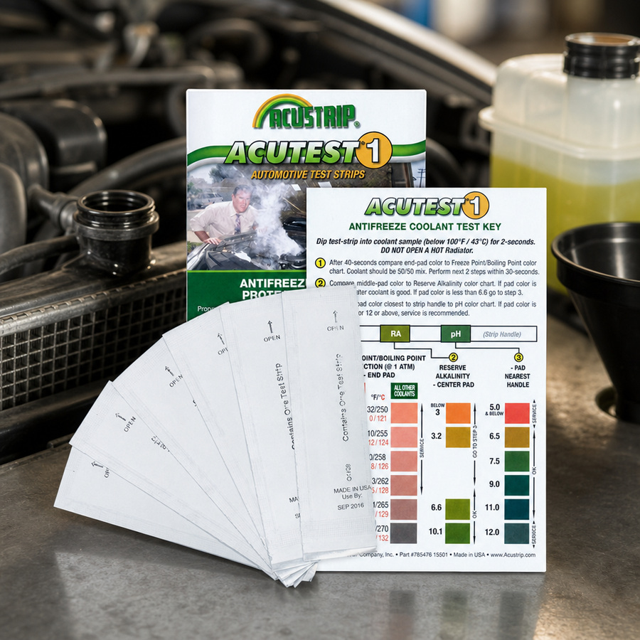 Antifreeze Test Strips staged in a radiator service bay