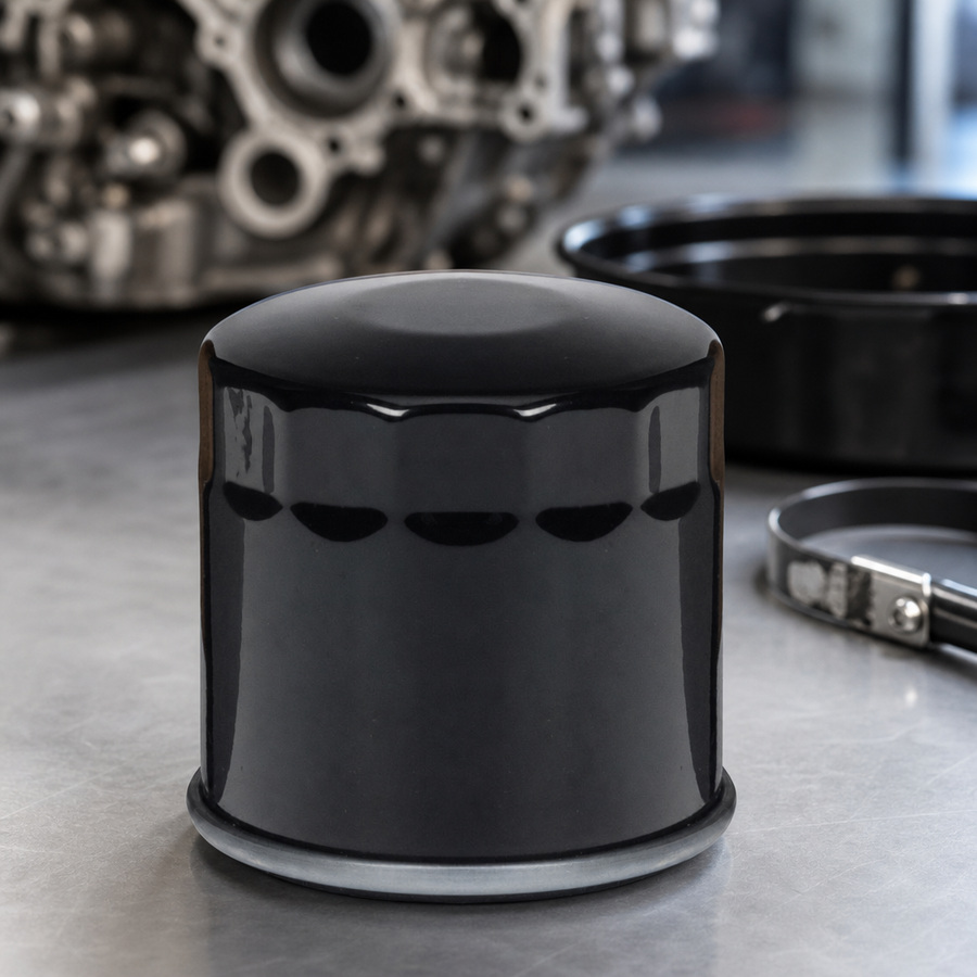 AMSOIL Black Oil Filter staged in an automotive parts workbench