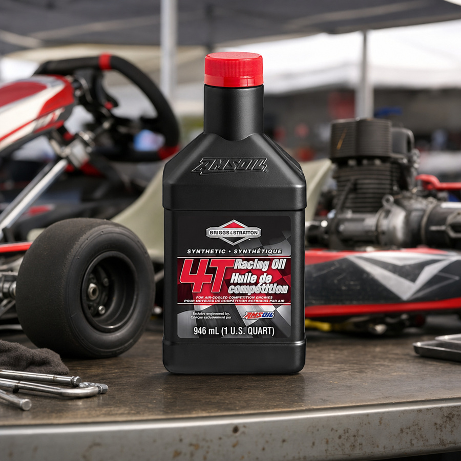 Briggs & Stratton Synthetic 4T Racing Oil staged in a performance race shop