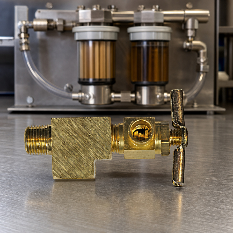 BY-PASS PETCOCK VALVE staged in a fluid service parts bench