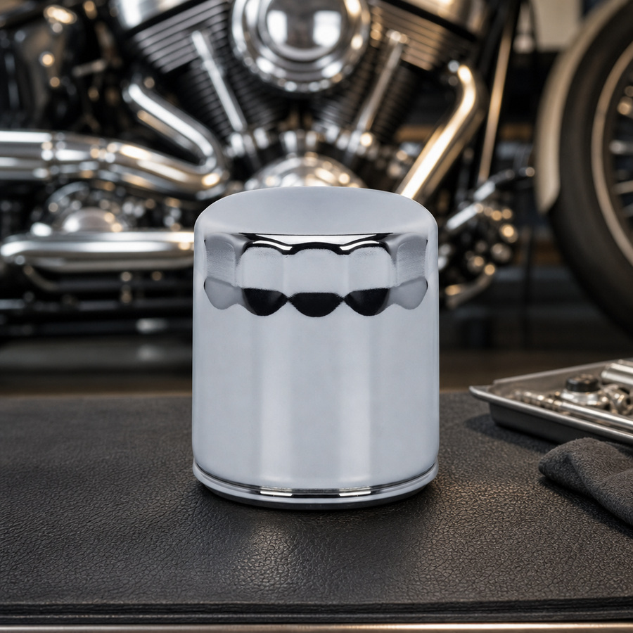AMSOIL Chrome Oil Filter staged in an automotive parts workbench