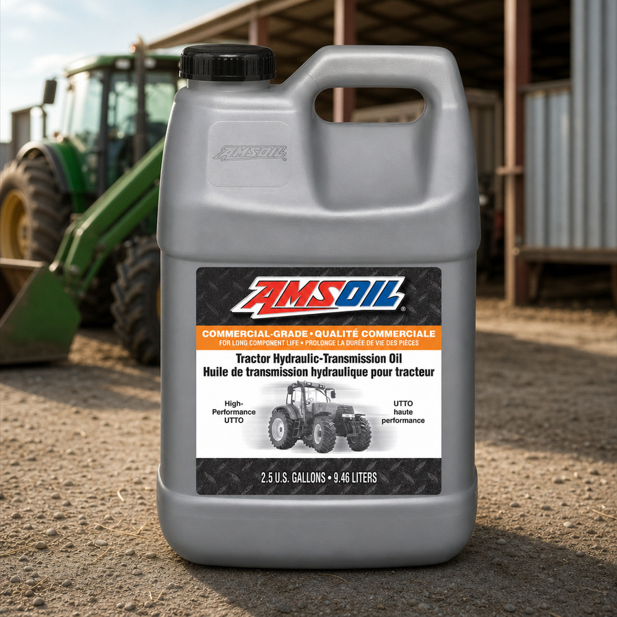 AMSOIL Commercial-Grade Tractor Hydraulic-Transmission Oil staged in a farm equipment shop