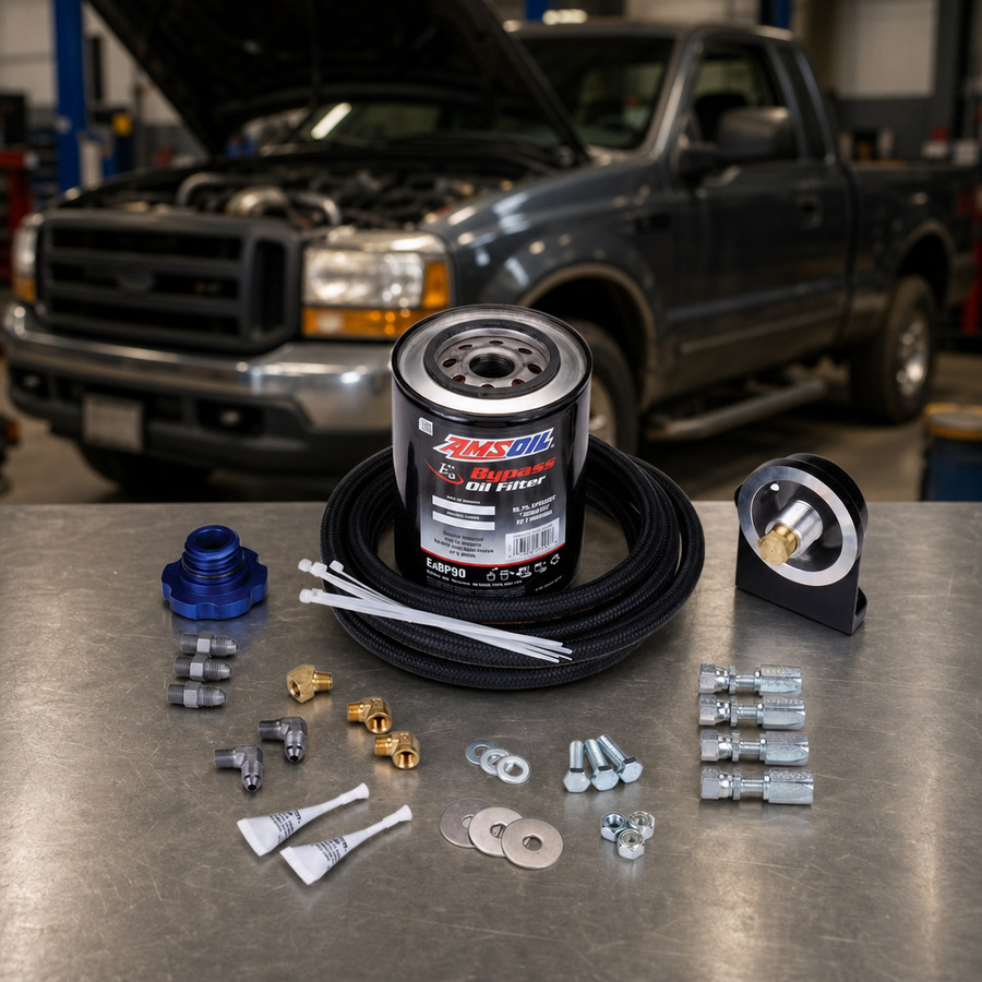 AMSOIL Cummins 5.0/5.9/6.7L Single-Remote Bypass System staged in a truck maintenance garage