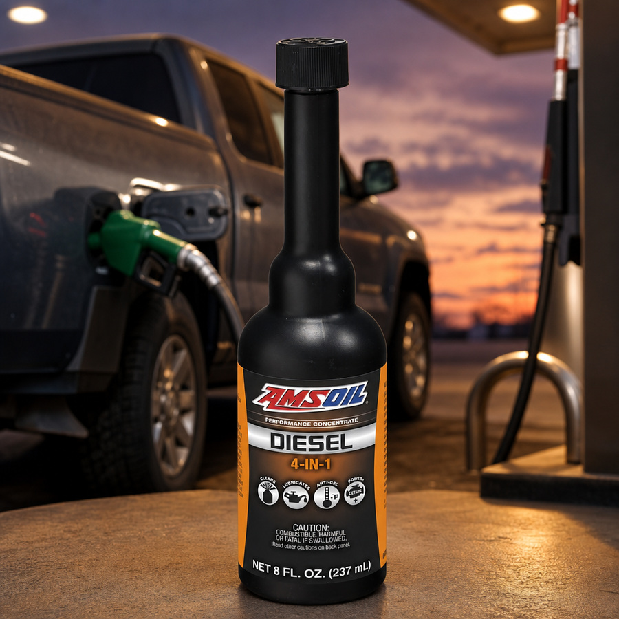 AMSOIL Diesel 4-IN-1 Fuel Additive staged in a diesel truck shop
