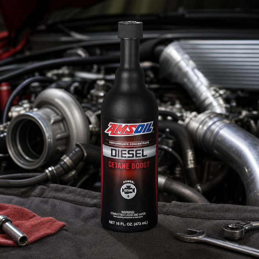 AMSOIL Diesel Cetane Boost Fuel Additive staged in a diesel truck shop