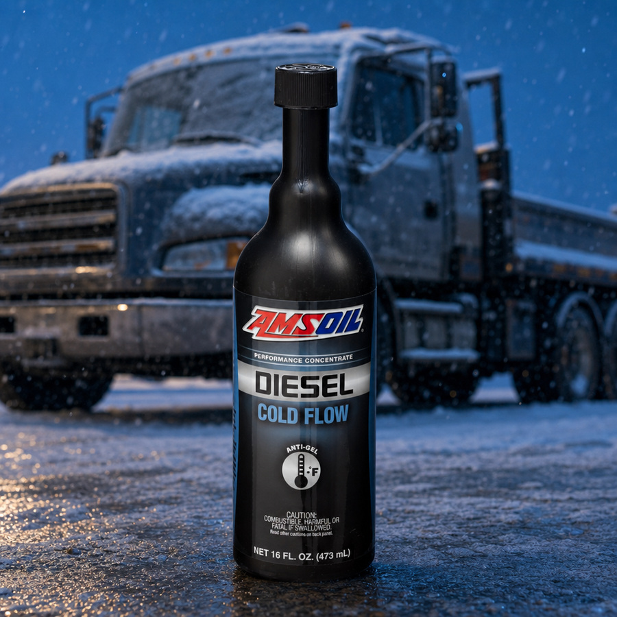 AMSOIL Diesel Cold Flow Fuel Additive staged in a diesel truck shop