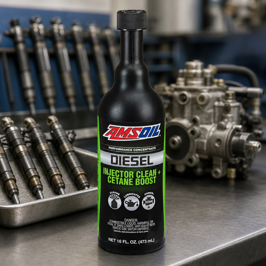 AMSOIL Diesel Injector Clean + Cetane Boost Fuel Additive staged in a diesel truck shop
