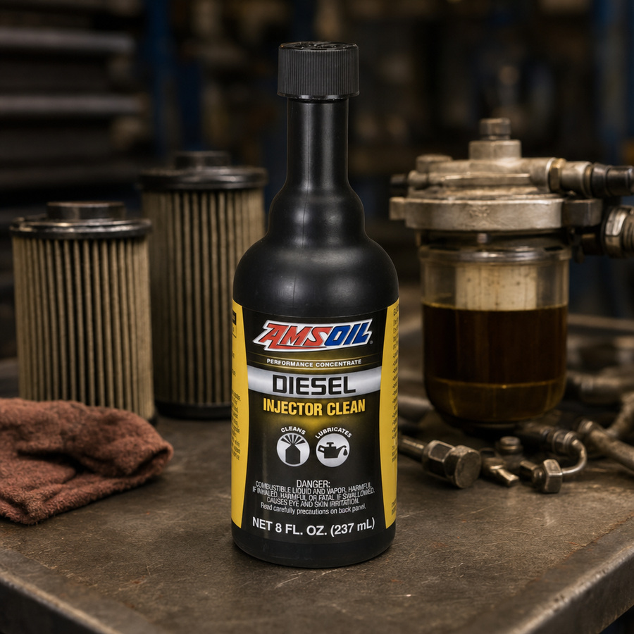 AMSOIL Diesel Injector Clean Fuel Additive staged in a diesel truck shop