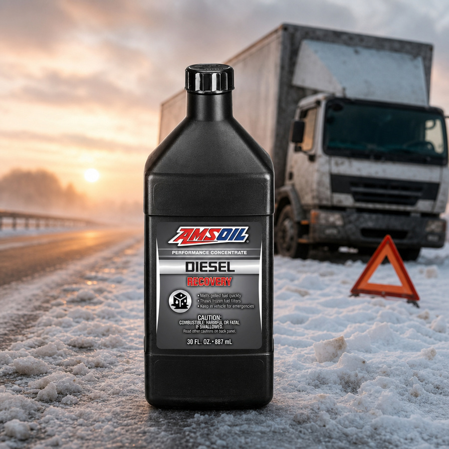 AMSOIL Diesel Recovery Fuel Treatment staged in a diesel truck shop
