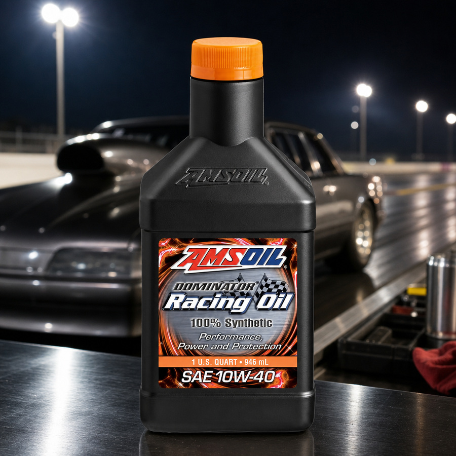 AMSOIL DOMINATOR 10W-40 100% Synthetic Racing Oil staged in a performance race shop