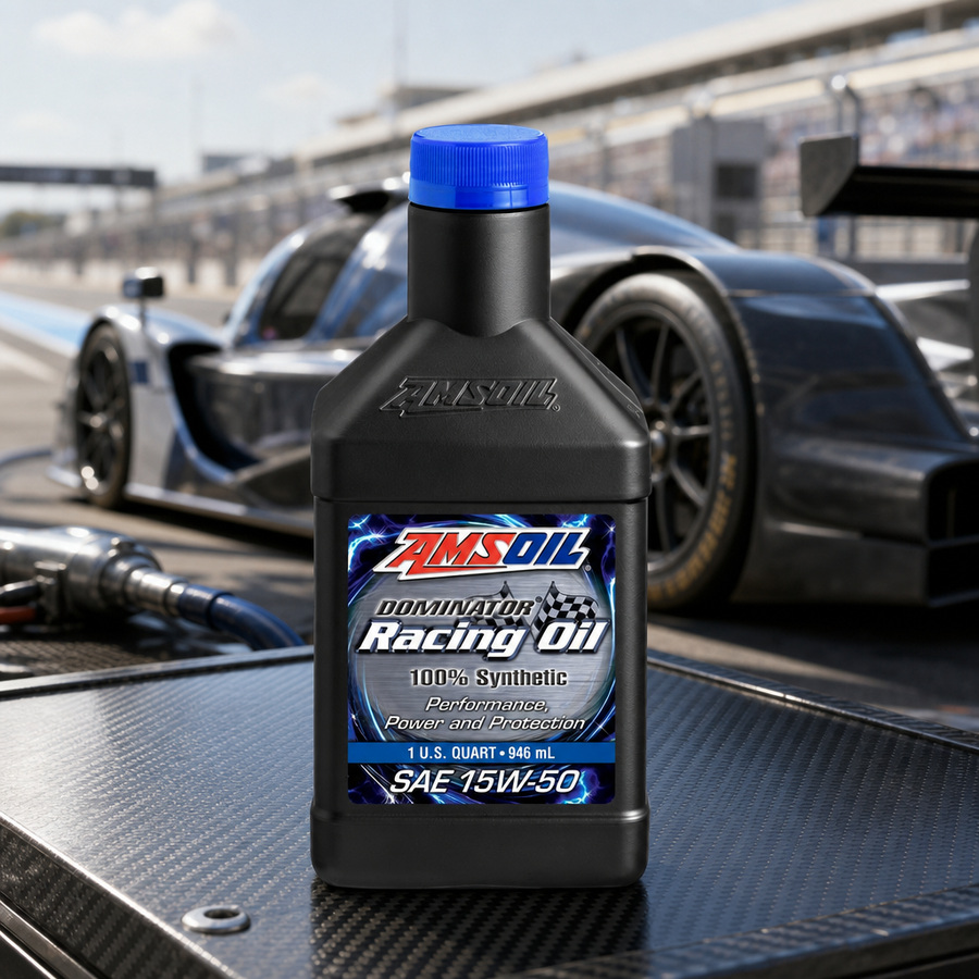 AMSOIL DOMINATOR 15W-50 100% Synthetic Racing Oil staged in a performance race shop