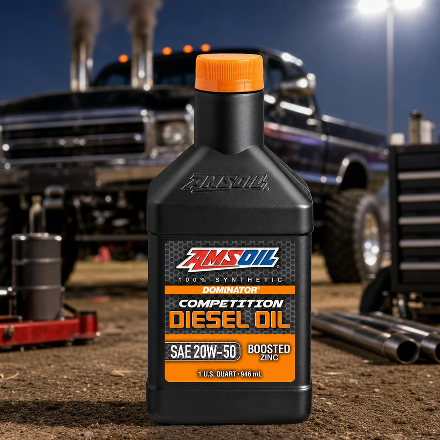 AMSOIL DOMINATOR 20W-50 Competition Diesel Oil staged in a diesel truck shop