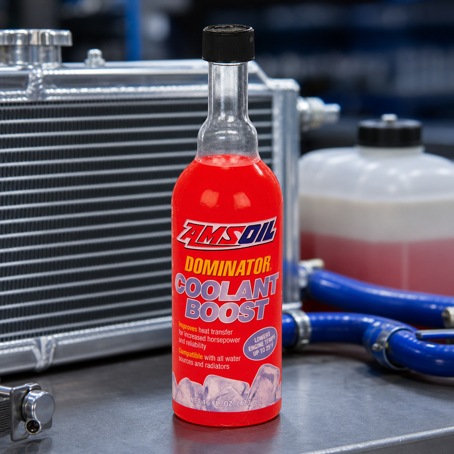 AMSOIL DOMINATOR Coolant Boost staged in a performance race shop