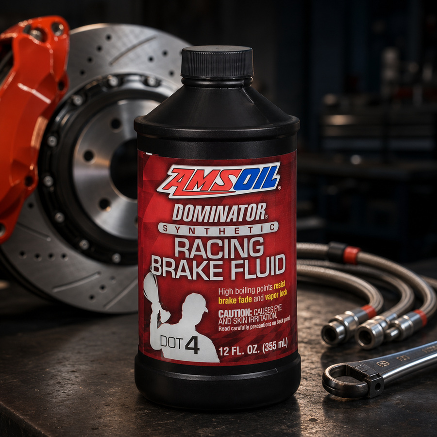AMSOIL DOMINATOR DOT 4 100% Synthetic Racing Brake Fluid staged in a performance race shop