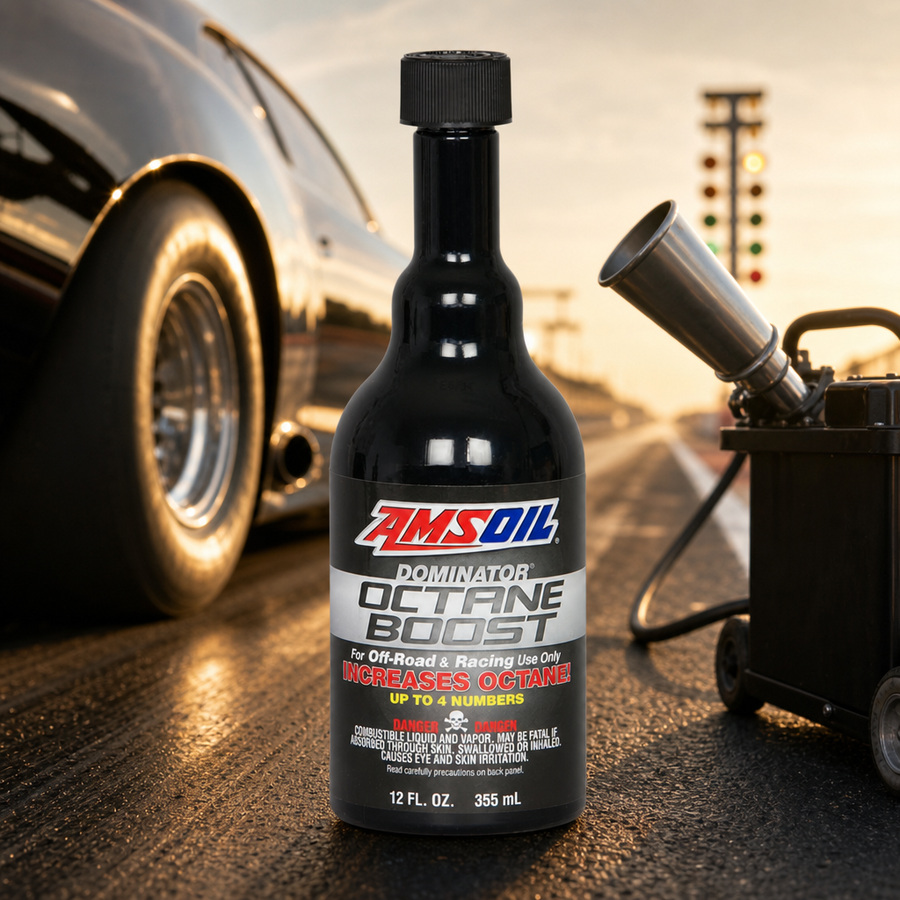 AMSOIL DOMINATOR Octane Boost staged in a performance race shop