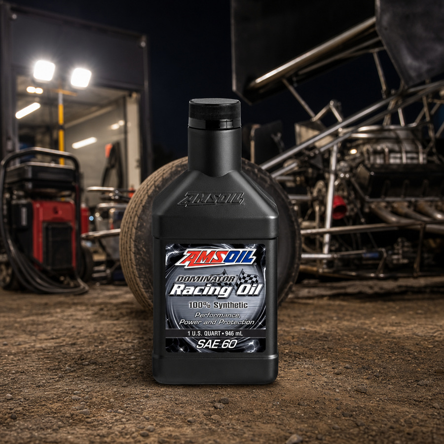 AMSOIL DOMINATOR SAE 60 100% Synthetic Racing Oil staged in a performance race shop