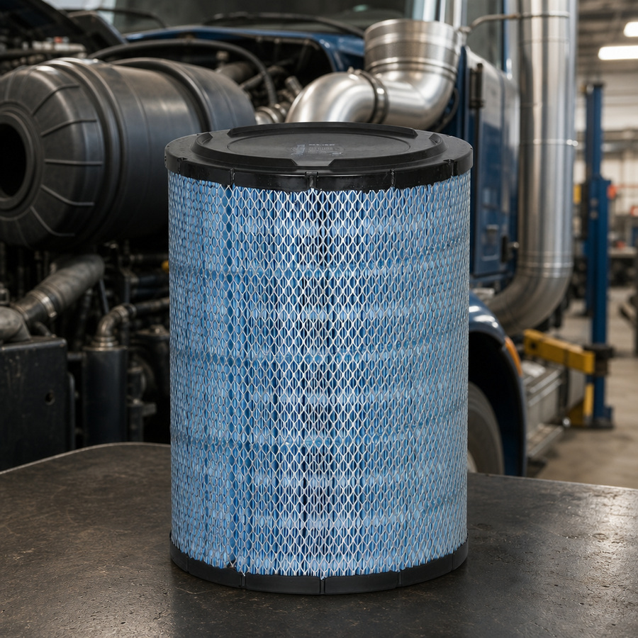 Donaldson Blue Heavy Duty Air Filters staged in an automotive parts workbench