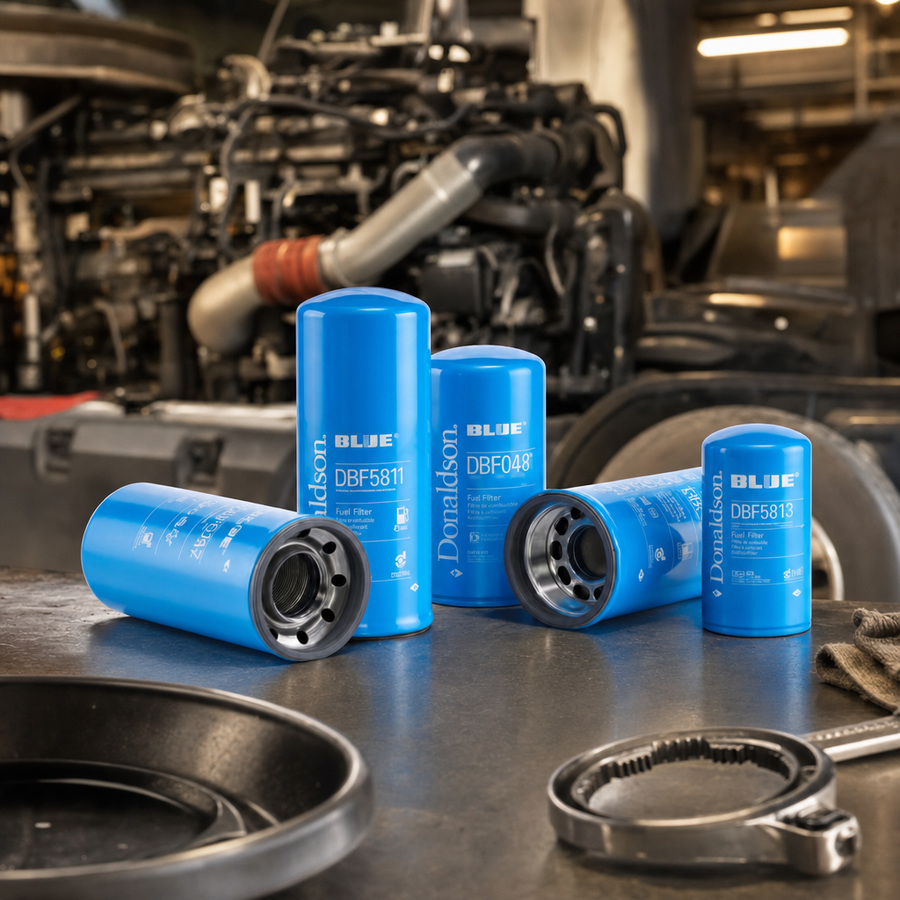 Donaldson Blue Oil Filter staged in an automotive parts workbench