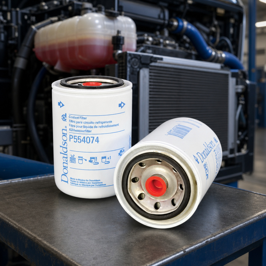 Donaldson P-Series Heavy Duty Coolant Filters staged in a radiator service bay