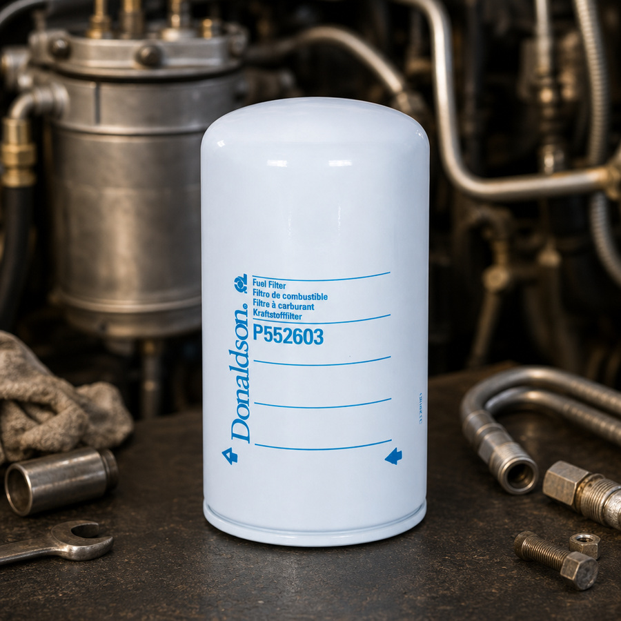 Donaldson P-Series Heavy Duty Fuel Filters staged in an automotive parts workbench
