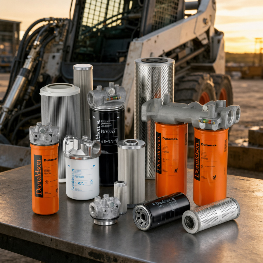 Donaldson P-Series Heavy-Duty Hydraulic Filters staged in an industrial equipment maintenance floor