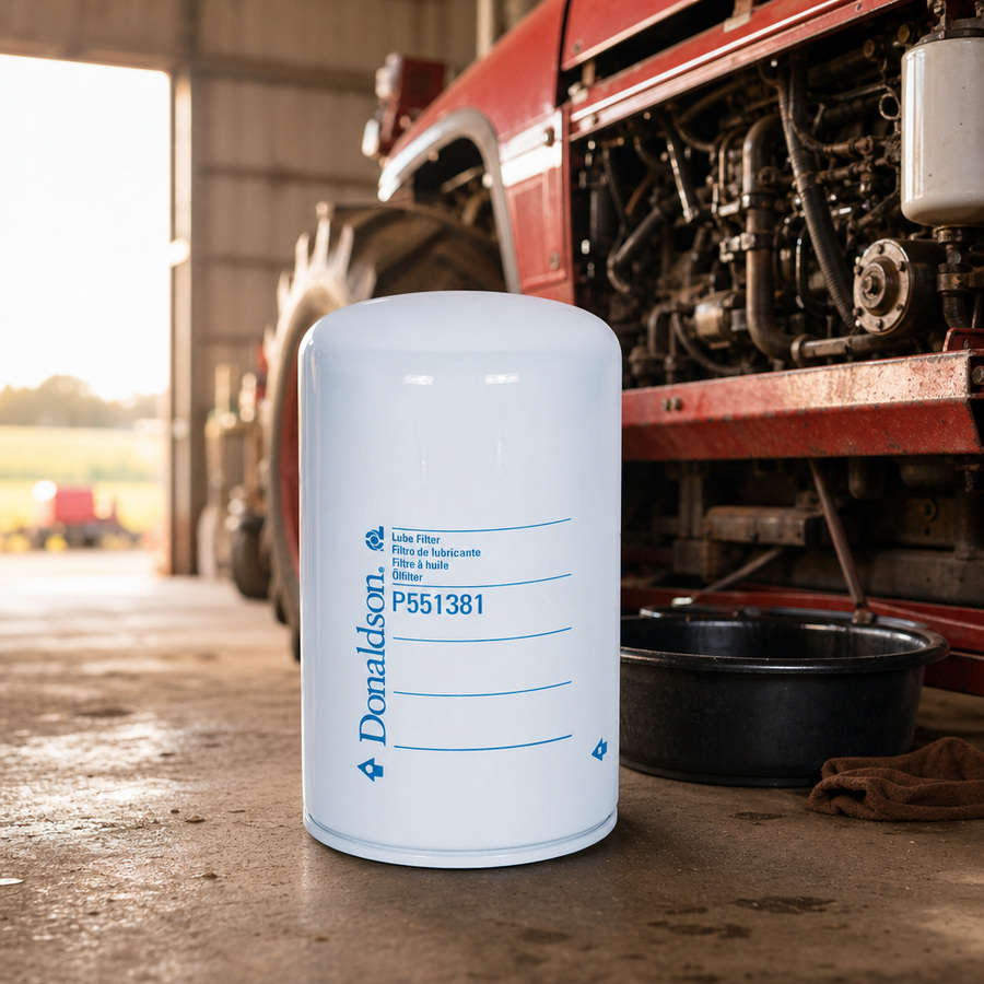 Donaldson P-Series Lube Filter staged in an automotive parts workbench