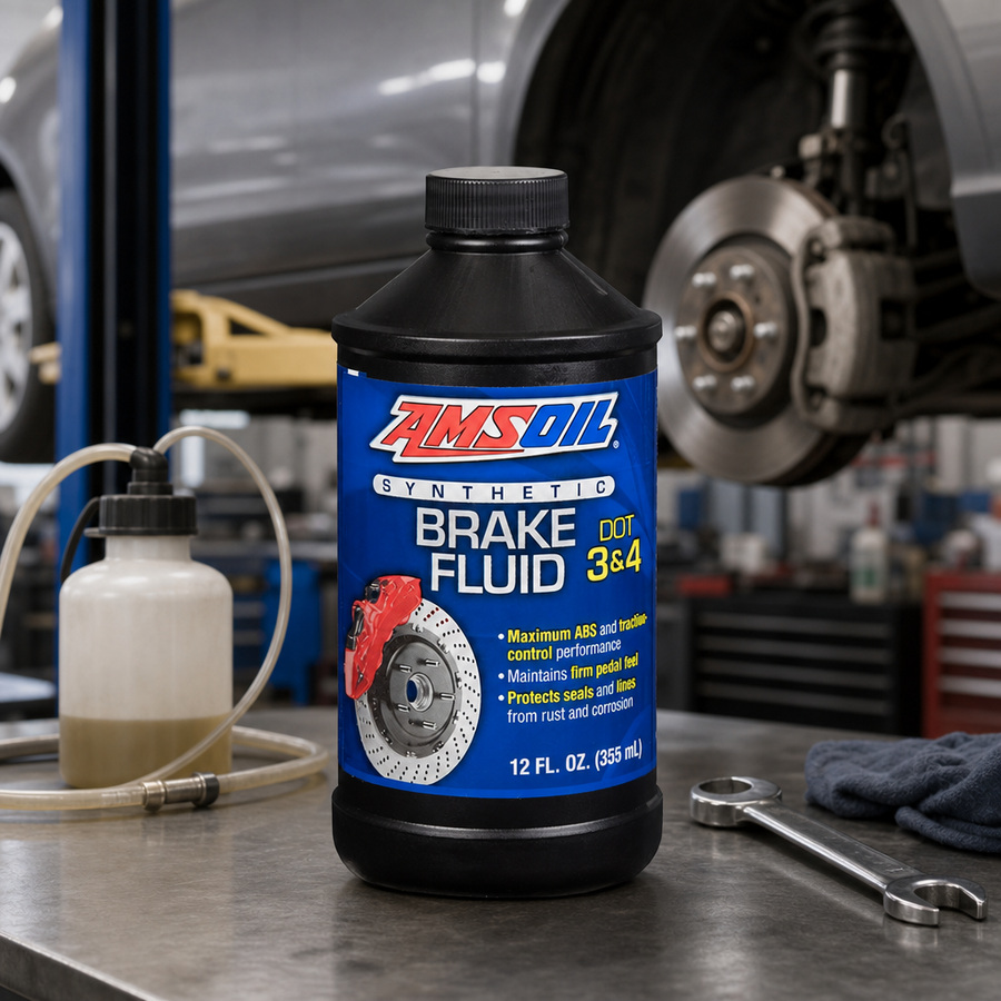 AMSOIL DOT 3 and DOT 4 100% Synthetic Brake Fluid staged in a brake service bench